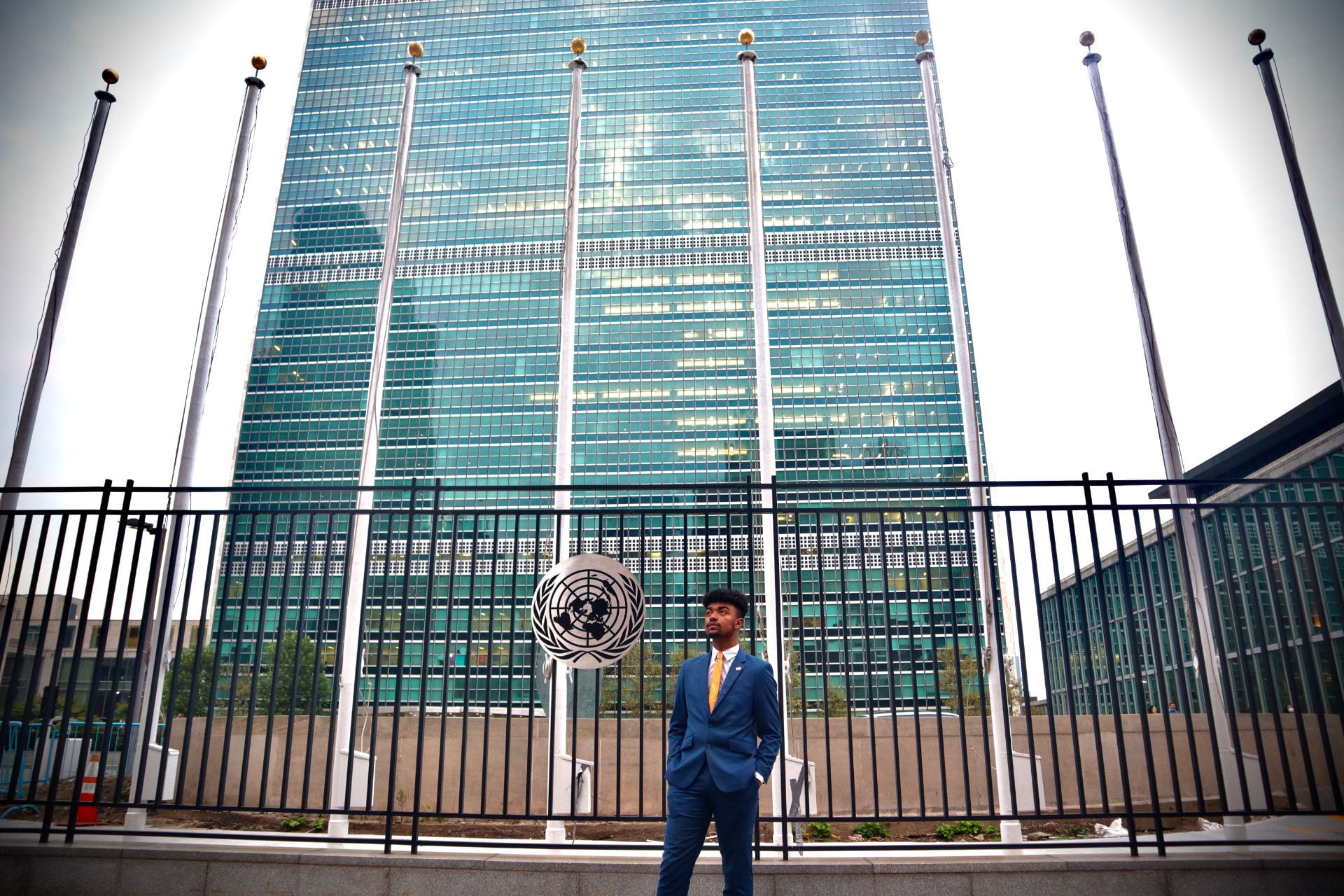 student standing in front of UN building