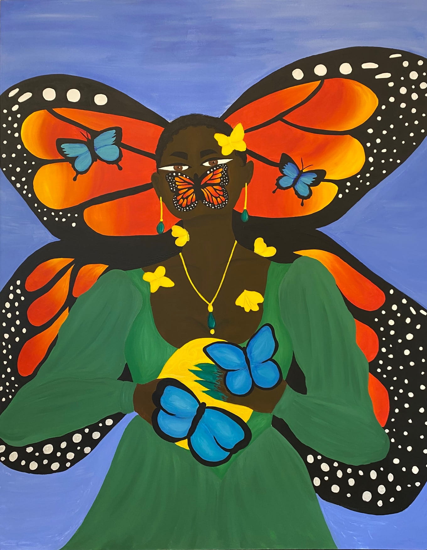 painting of woman in green dress with monarch butterfly wings